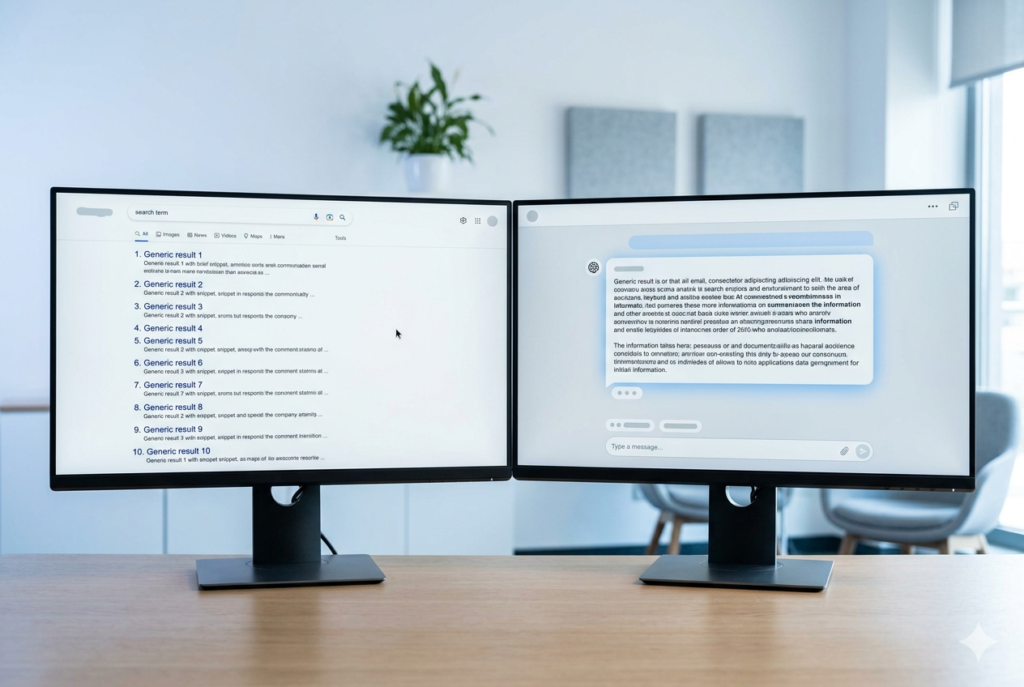 SEO blue links vs GEO AI answer interface comparison