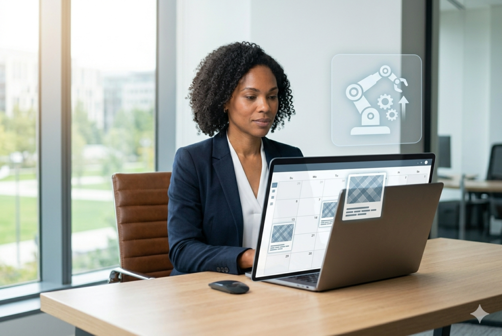 AI agents for business — AI drafting scheduled marketing content on laptop